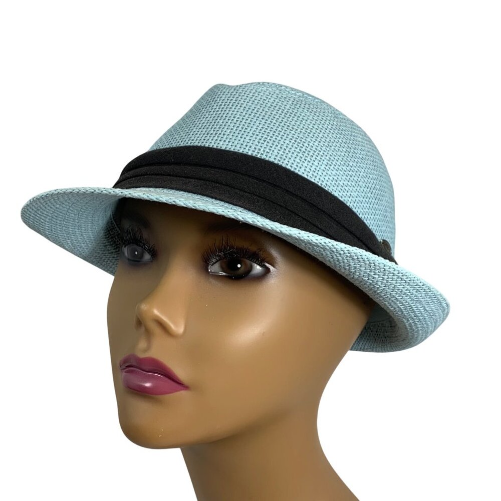 Light Blue HBY Miami Fedora Hat Black Band Womens Size L 100% Paper Straw